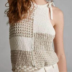 Anthropologie Patchwork Knit Tank XS Neutral Boho Tie Shoulder Sweater Top